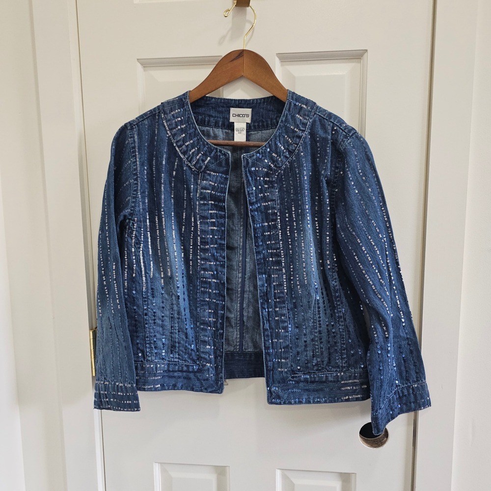 Chicos Blue Sequin Denim Jacket Open Front Collarless Cotton Size 1 Medium